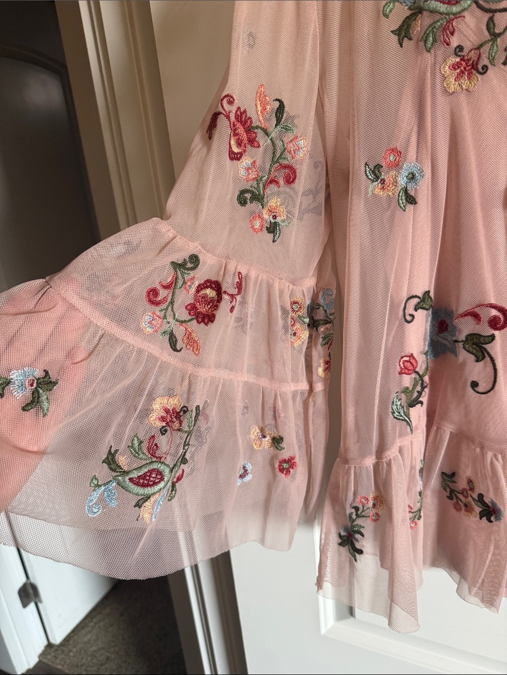 Democracy Pink Sheer Embroidered Ruffle Blouse with Matching Tank - Picture 3 of 8